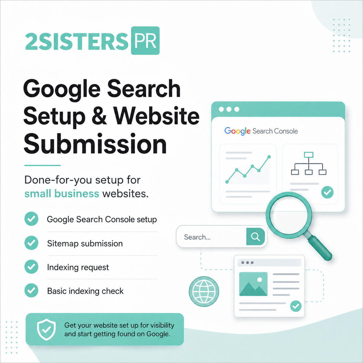 2SISTERS PR advertisement for Google Search Setup & Website Submission services on a white background.